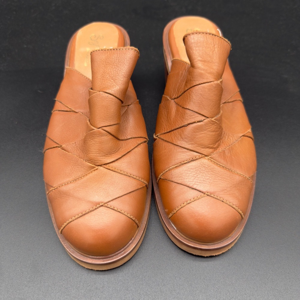 Seychelles Womens Tan Brown Leather Quilted Block Heel Mules Shoes Size 8